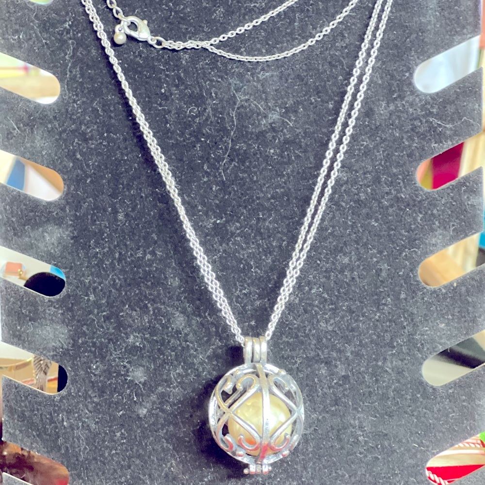NEW Necklace- Silver ball with giant white pearl inside, adjustable dbl SL chain